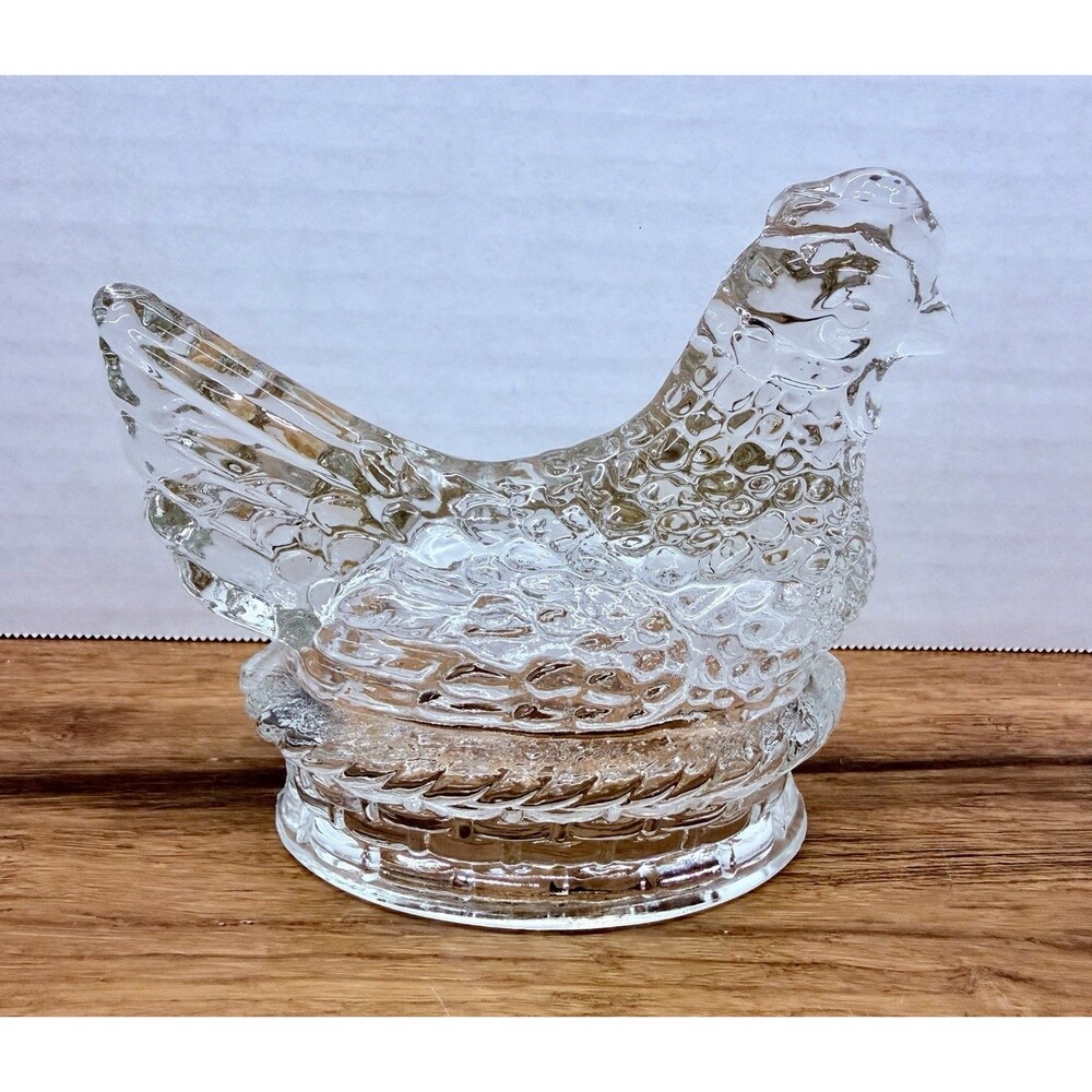 Hen On Nest Hollow Candy Holder J H Millstein Clear Glass ~ 4 3/8” Tall 1940’s